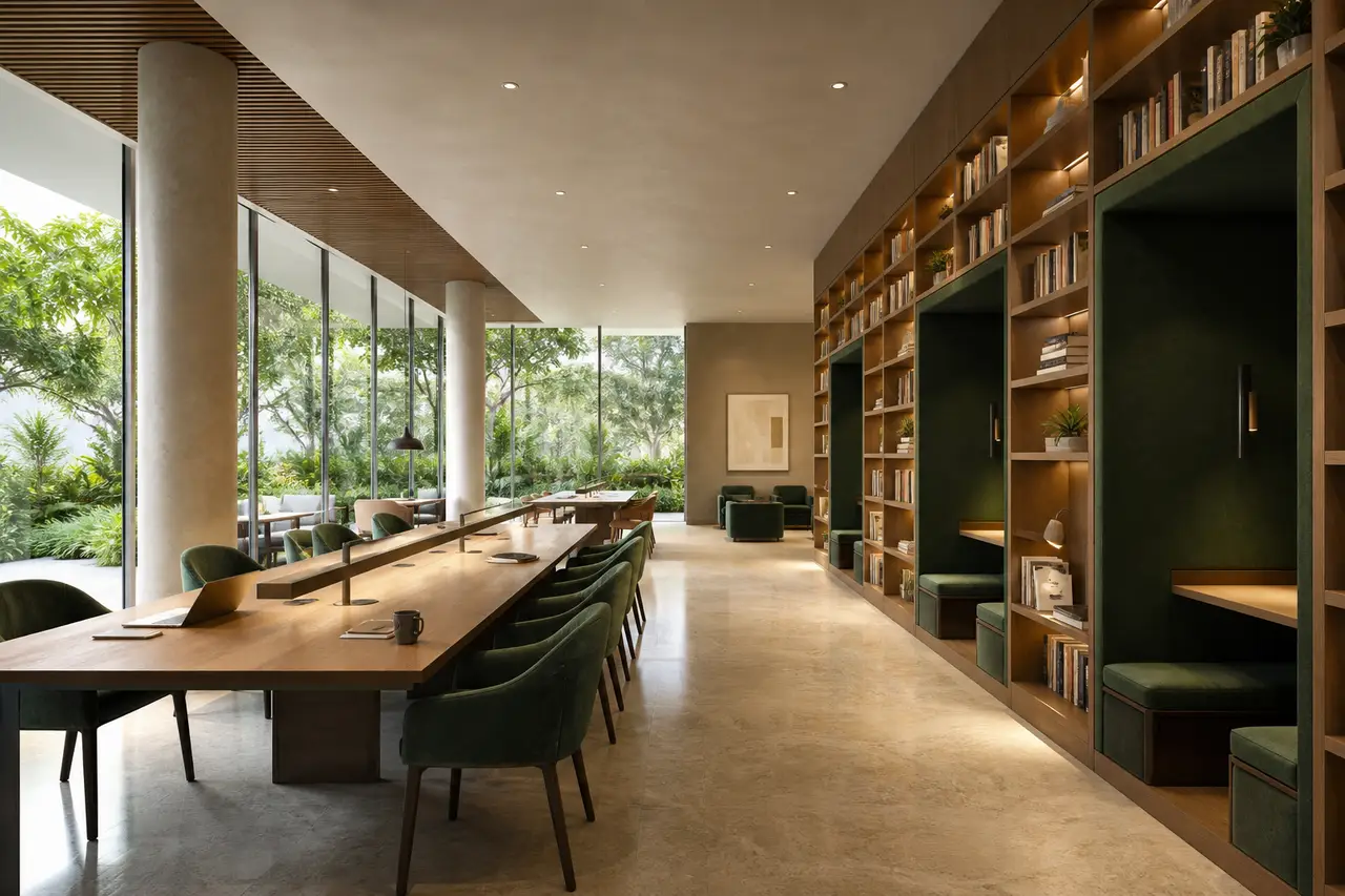 Conceptual co-working library with shared tables and reading niches
