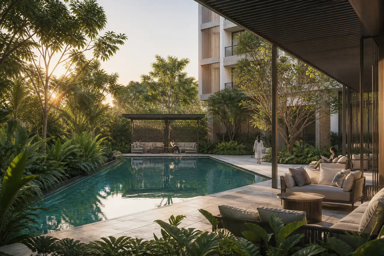 Conceptual garden-edge swimming pool in a residential community