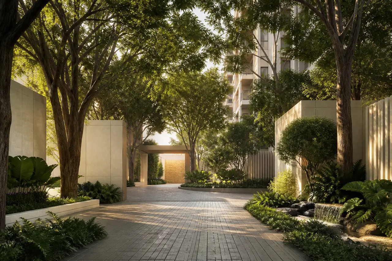 Conceptual tree-lined apartment-community arrival court